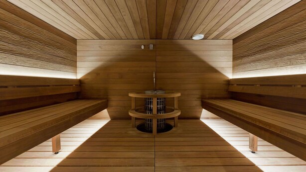 A sauna with wooden benches and a central heating unit.
