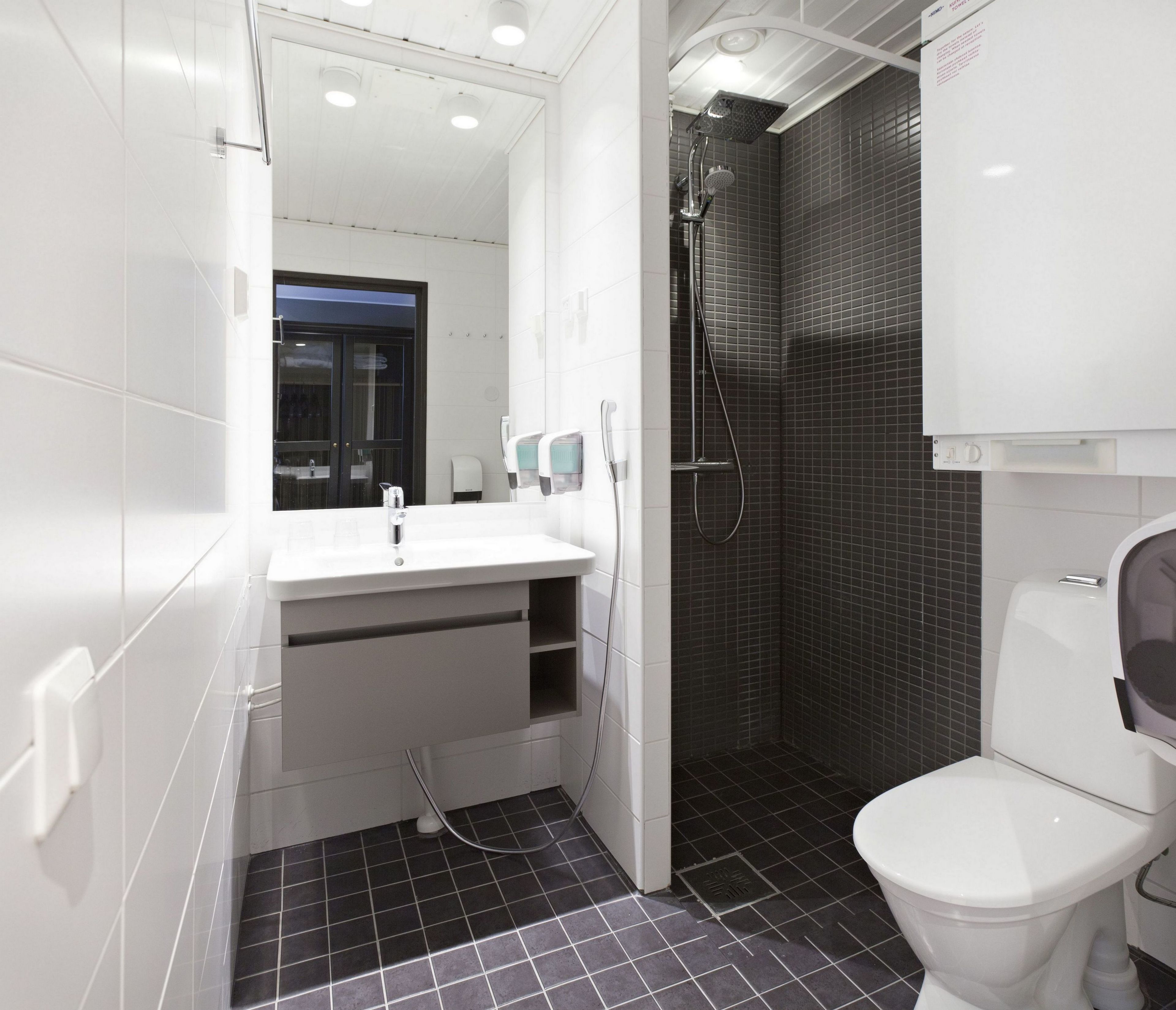 Shower, hair dryer, bidet, towels