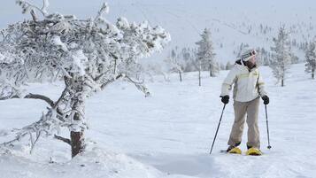 Une personne fait du ski dans un paysage enneigé, avec des arbres et un ciel dégagé.