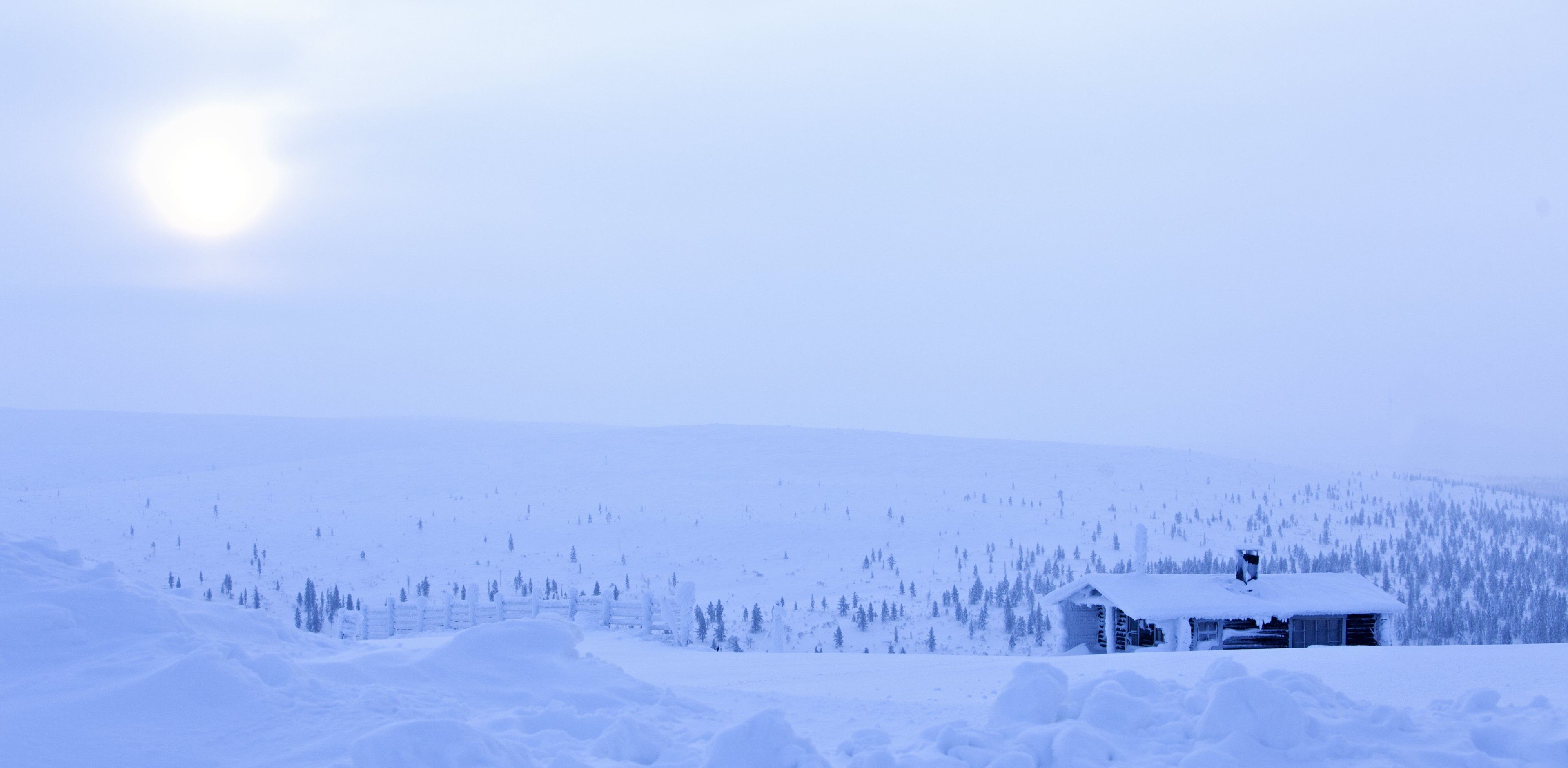 Eine verschneite Landschaft mit einer Holzhütte.