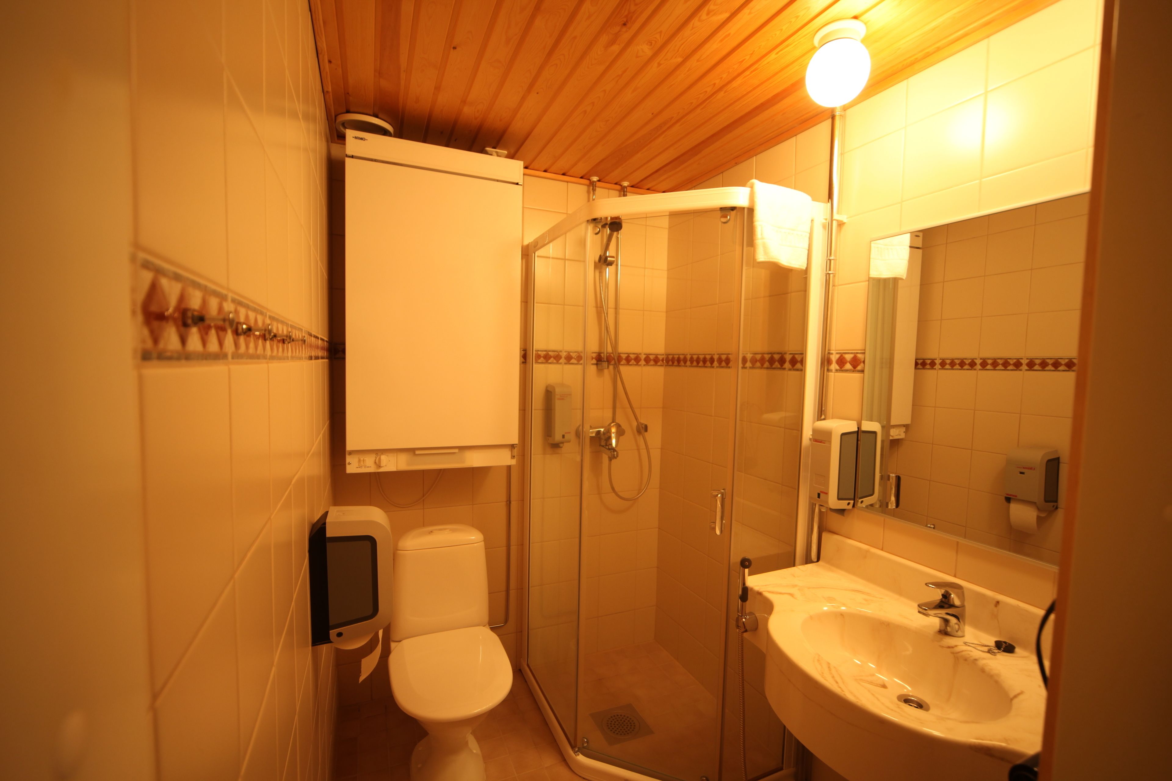 Ein Badezimmer mit Toilette, einer gläsernen Duschkabine und einem Waschbecken mit Spiegel darüber.