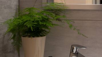 Une salle de bain avec un lavabo blanc, une plante en pot et deux bouteilles de lotion.