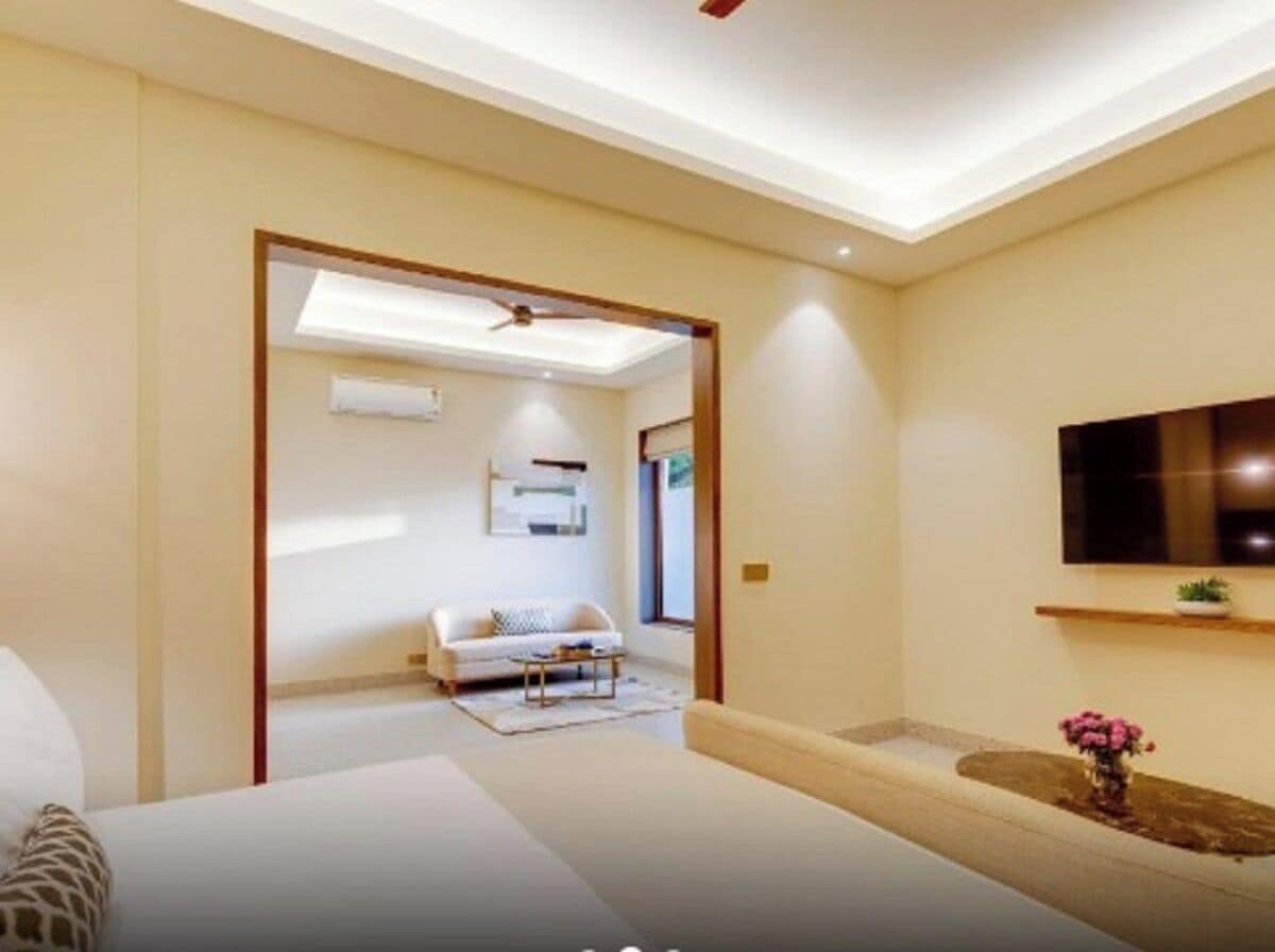 Ett modernt hotellrum med en säng, en soffa, en TV och en liten växt.