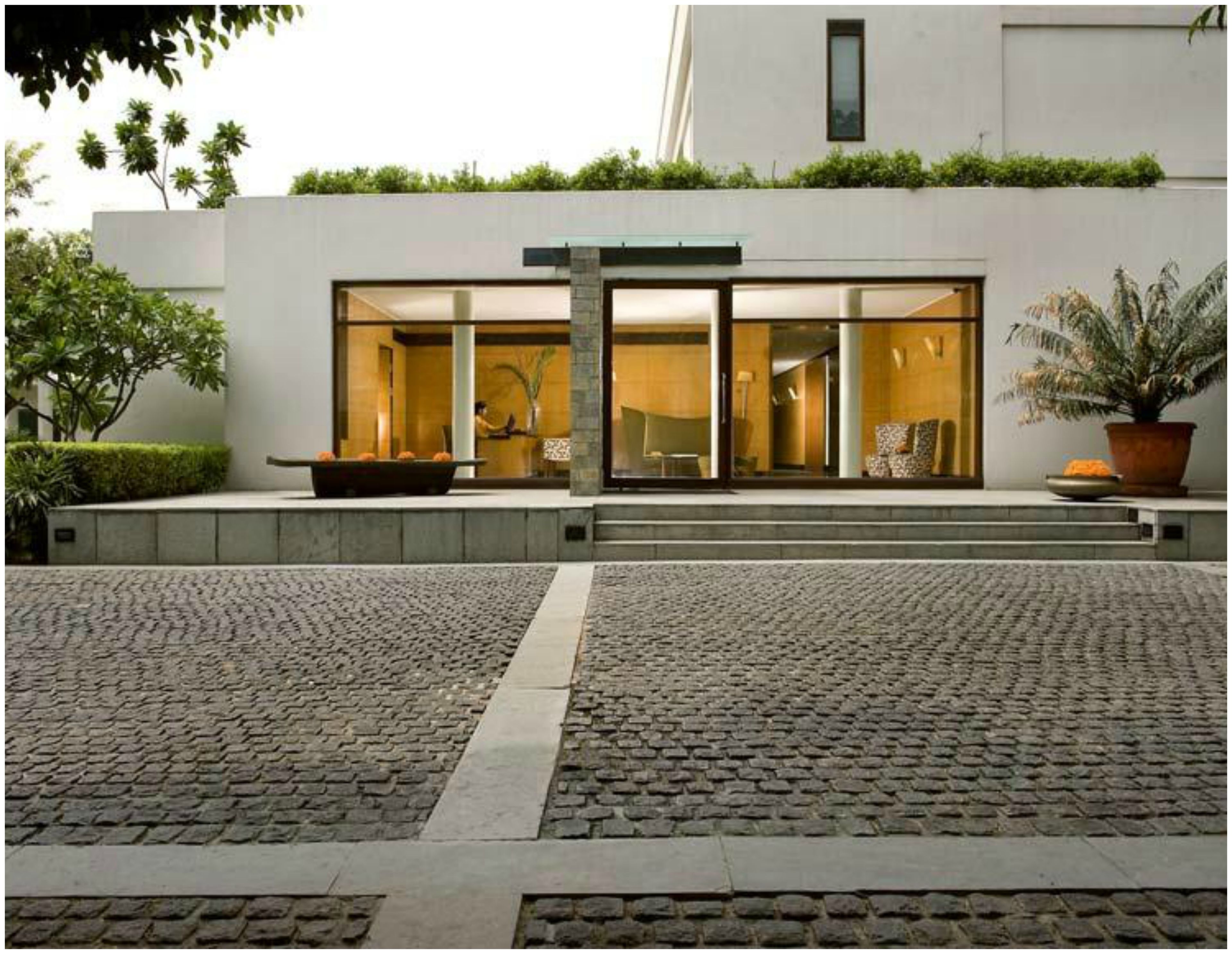 A modern building with a glass entrance, a stone pathway, and a potted plant.