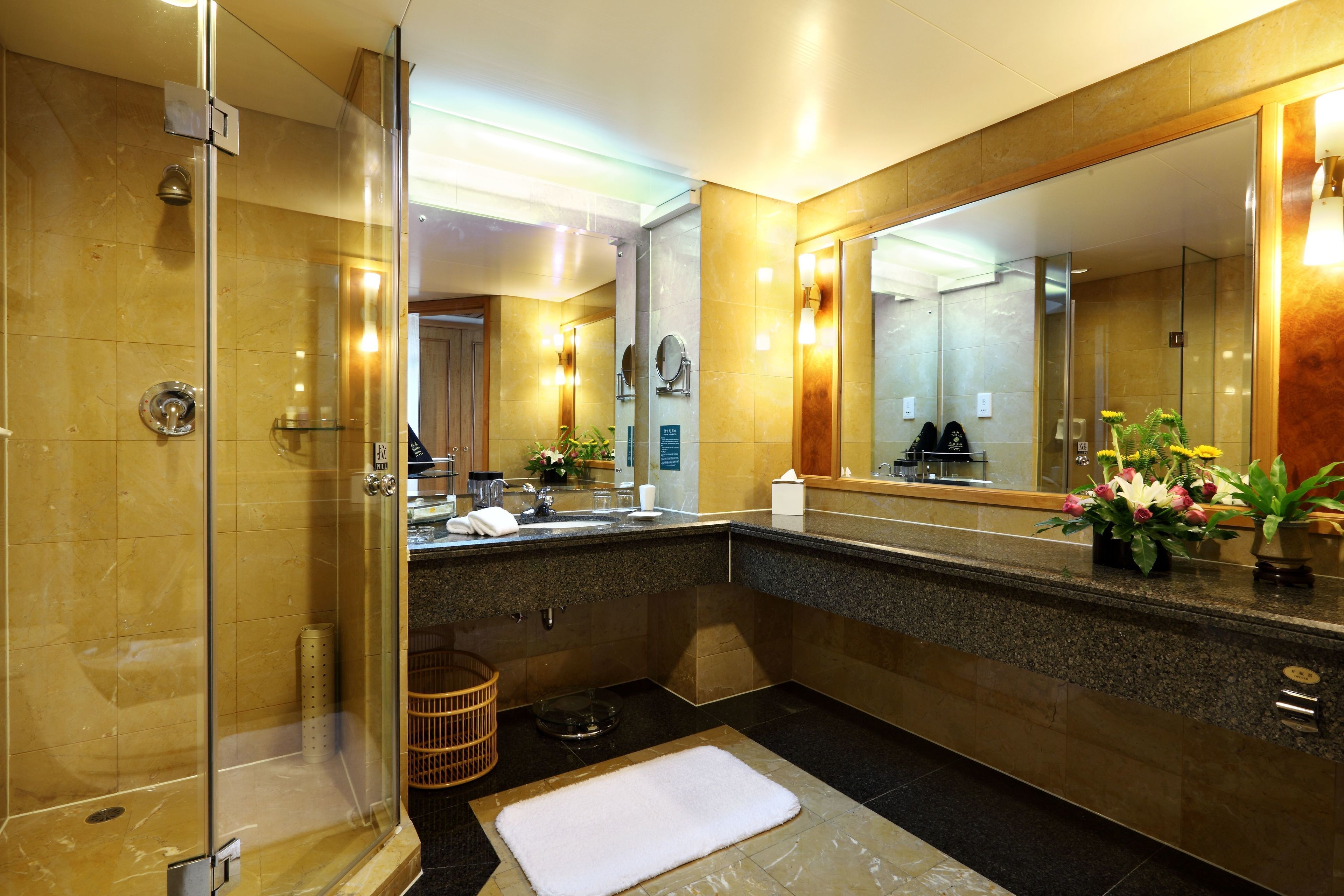 shower, hair dryer, bathrobes, slippers