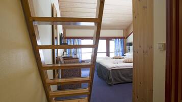 A room with a bunk bed, a ladder, a desk, and a window with curtains.