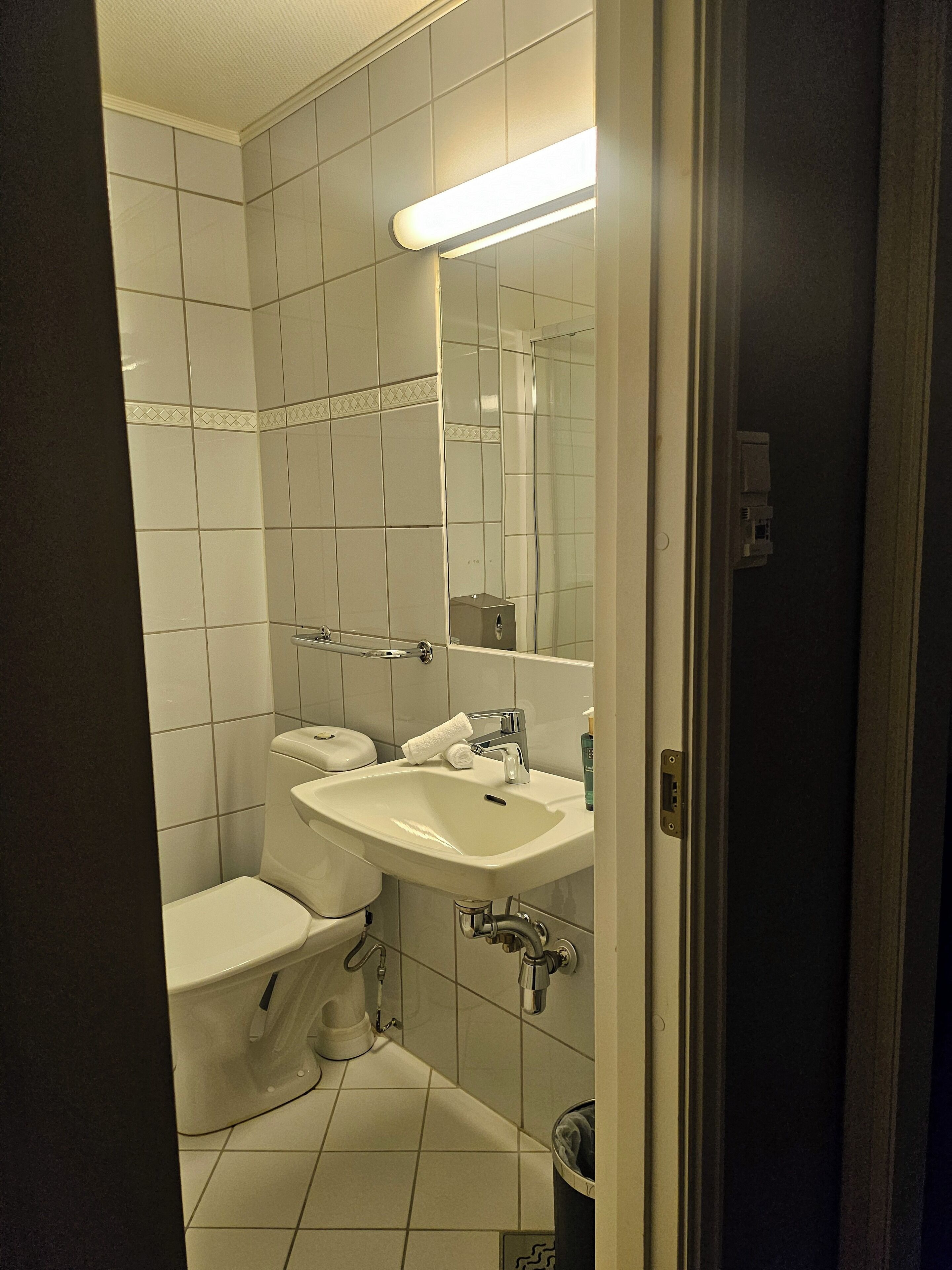Un baño pequeño con paredes de azulejos, un inodoro, un lavamanos y un espejo.