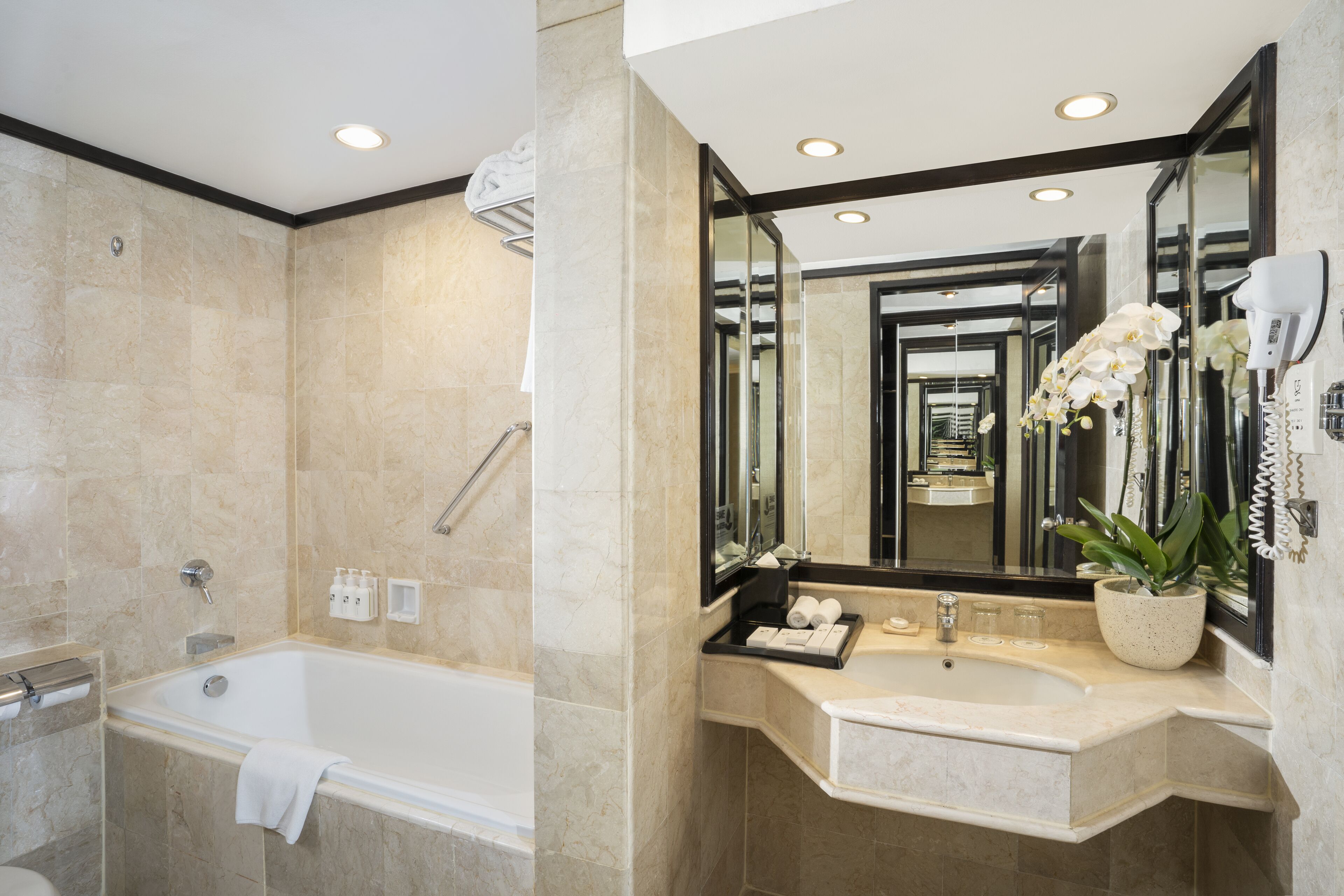 junior suite | bathroom | combined shower/bathtub, deep-soaking bathtub, free toiletries