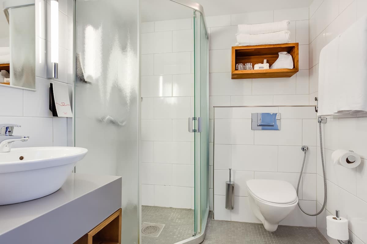 hair dryer, bidet, towels