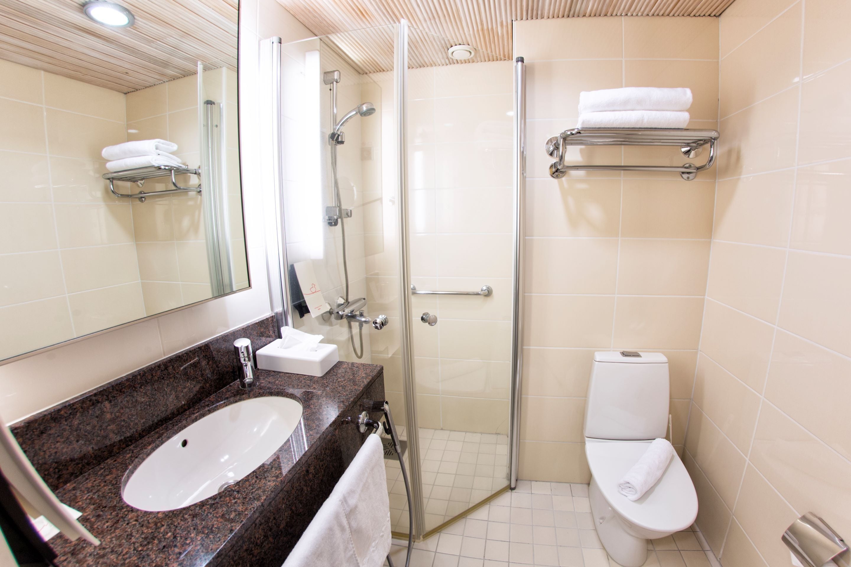 A bathroom with a granite countertop sink, a glass shower enclosure, and a toilet.