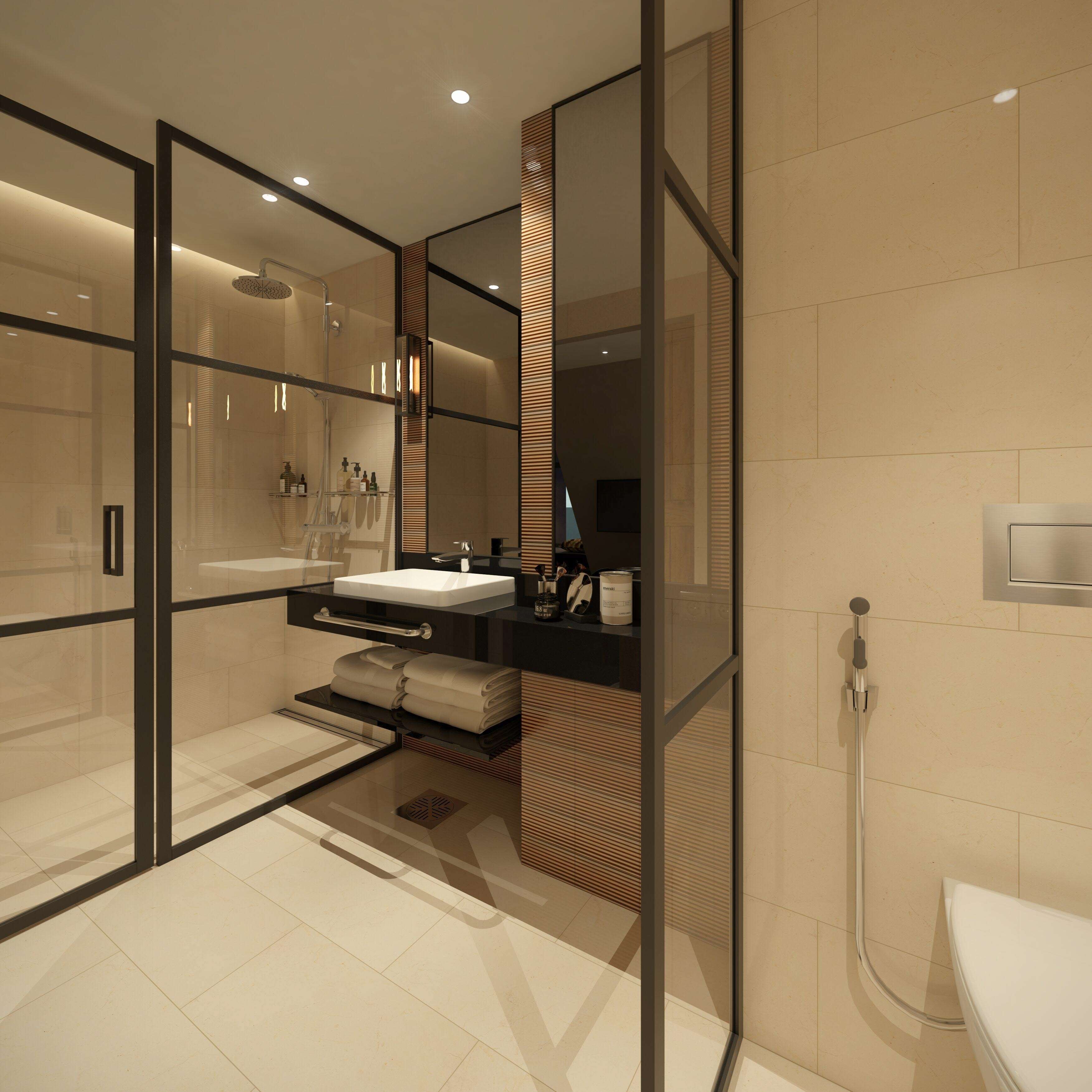 Ein modernes Badezimmer mit einer begehbaren Glasdusche, einem Waschtisch und einer Toilette.