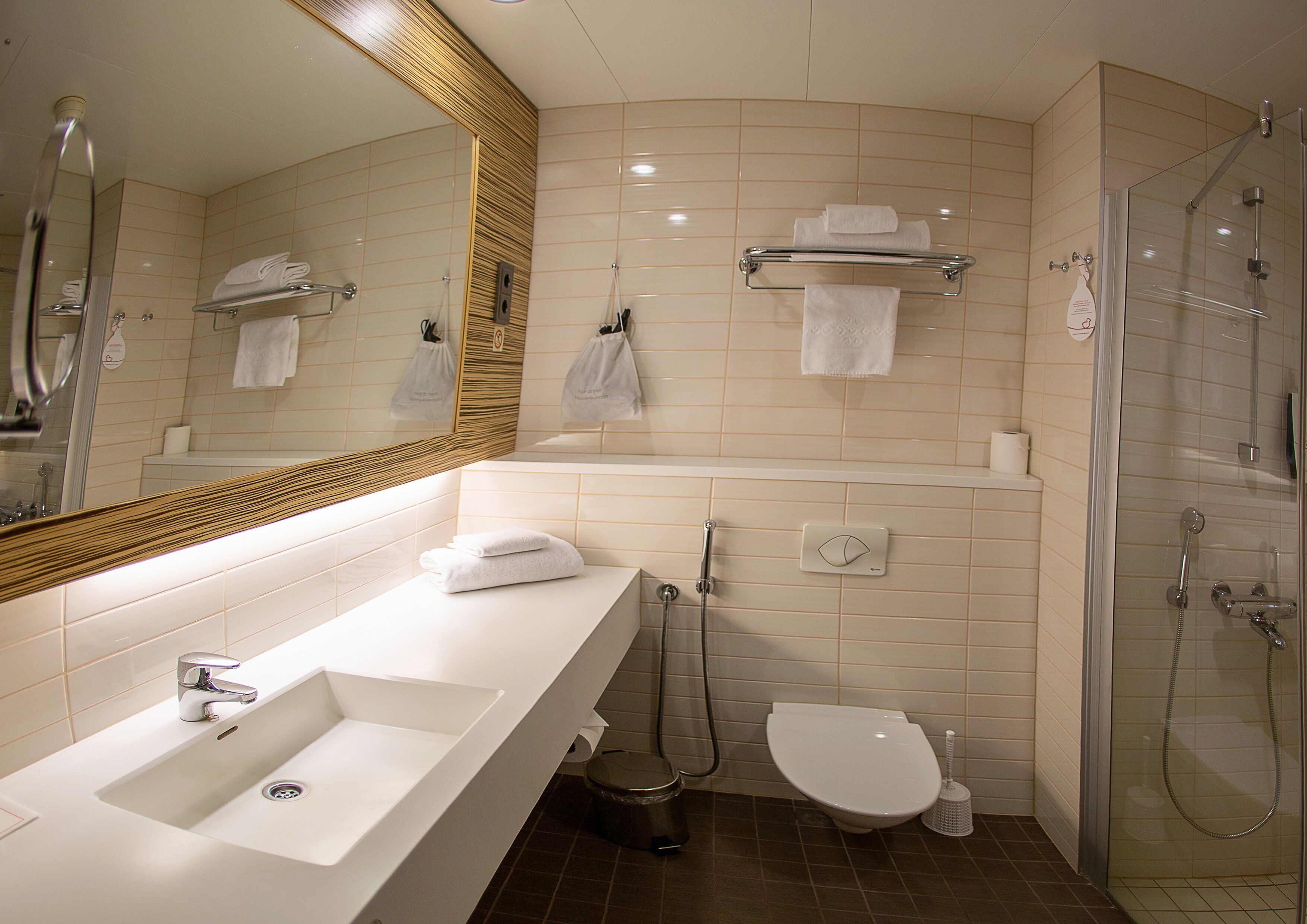 shower, hair dryer, bidet, towels