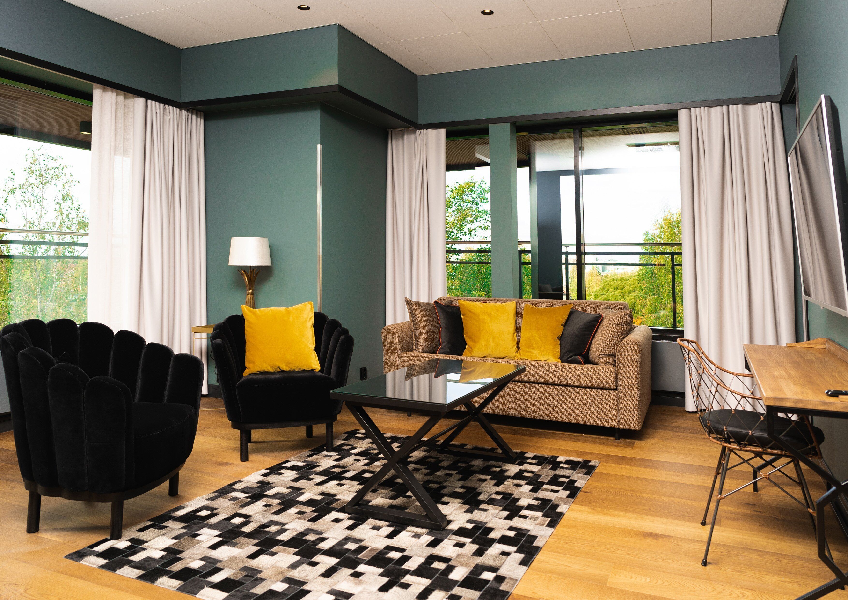 Desk, laptop workspace, blackout drapes, iron/ironing board