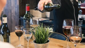 Un bar con una persona sirviendo una bebida, botellas de vino, copas y una planta en maceta sobre una mesa de madera.