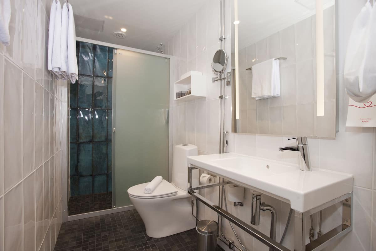 shower, hair dryer, bidet, towels