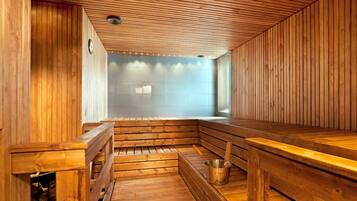 A sauna with wooden benches and a tiled wall.