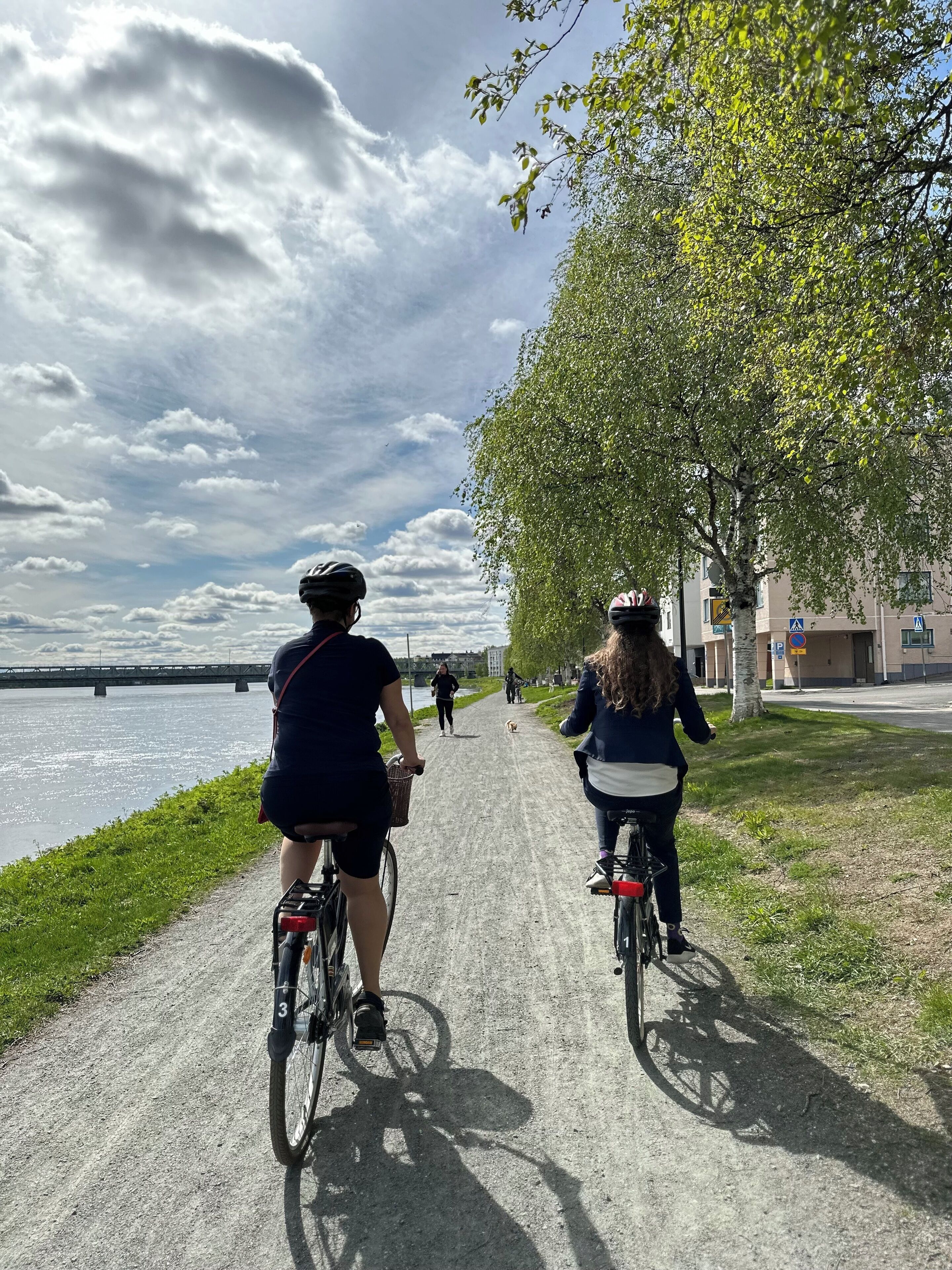 A paved path alongside a body of water with cyclists and a dog.
