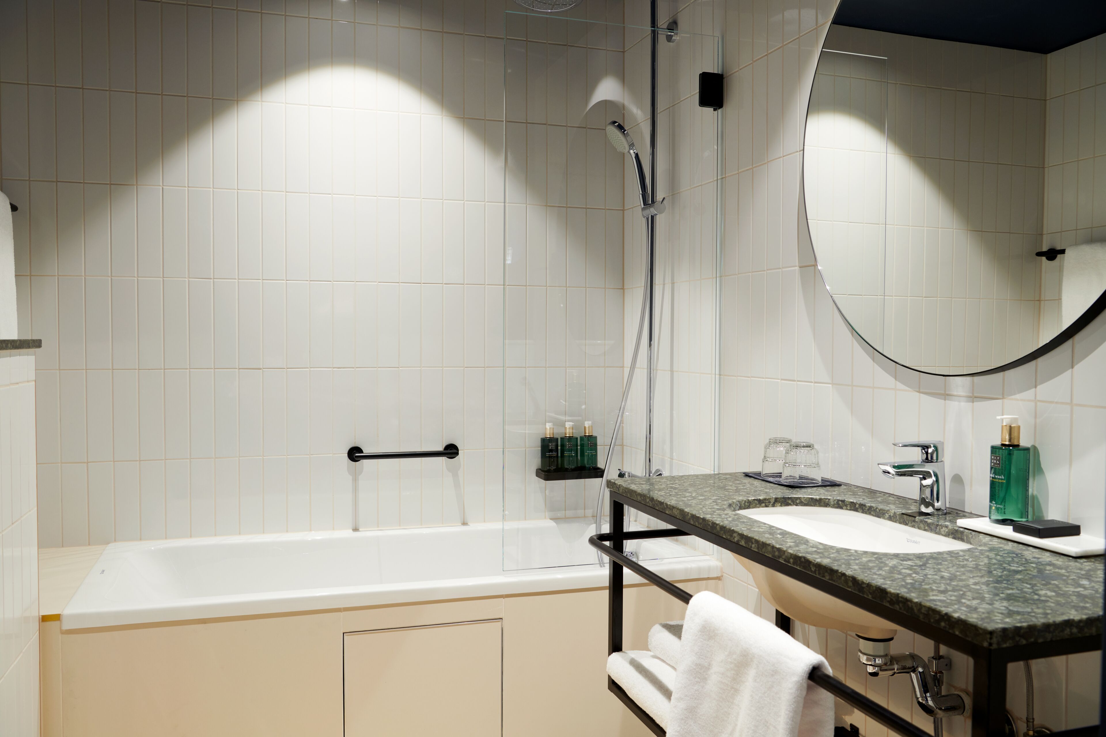 hair dryer, bidet, towels