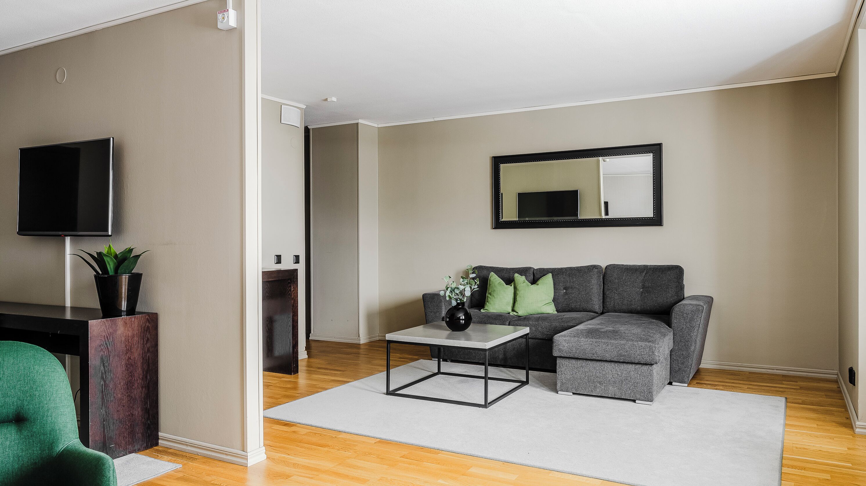 Un salon avec un canapé gris, une table basse, un téléviseur à écran plat, un miroir et une plante en pot.