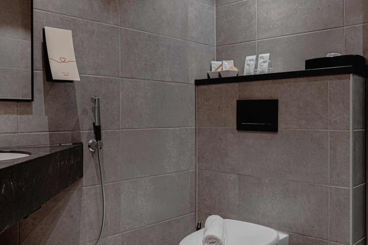 shower, hair dryer, bidet, towels