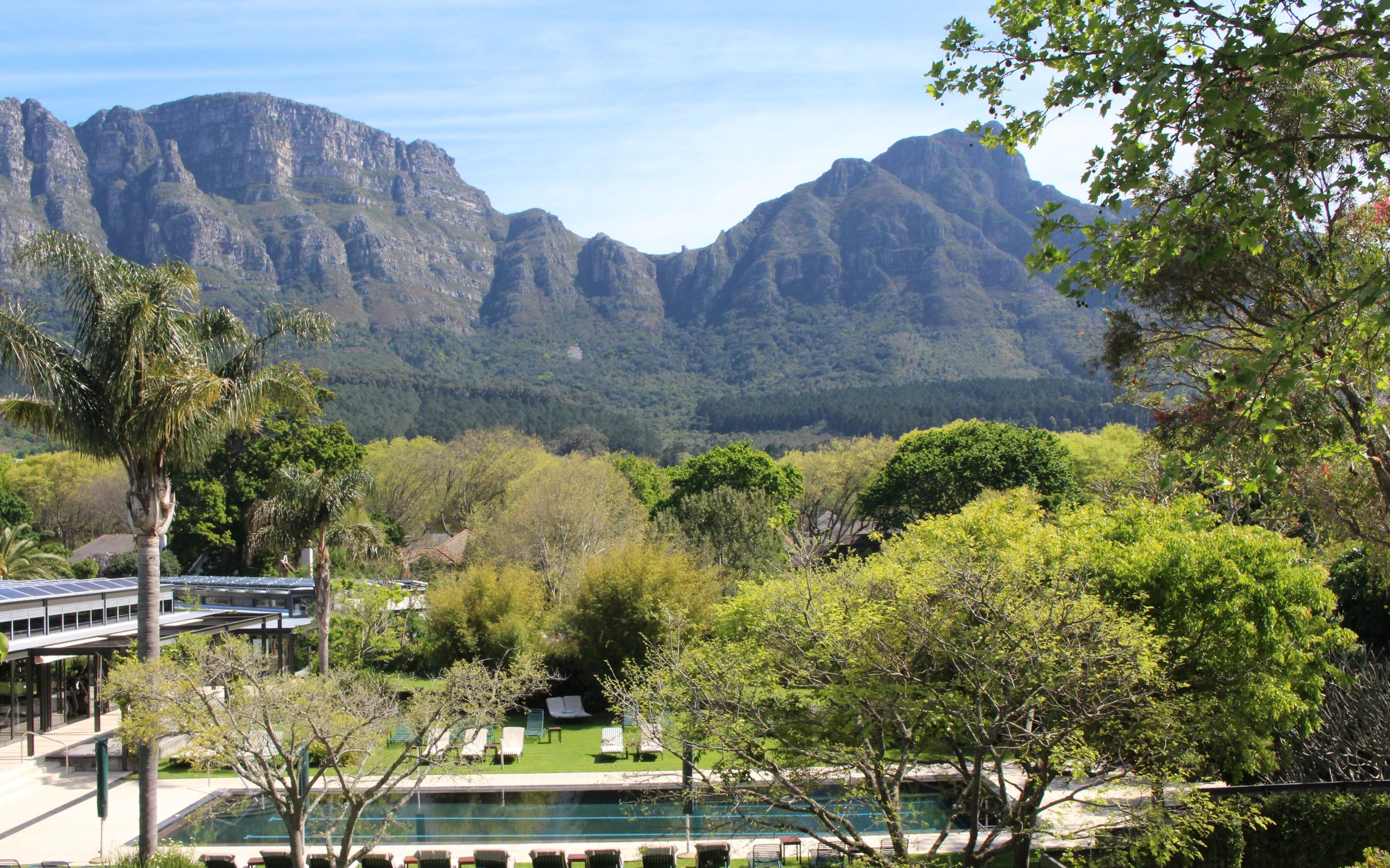 A pool area with a view of mountains, surrounded by lush greenery and palm trees.