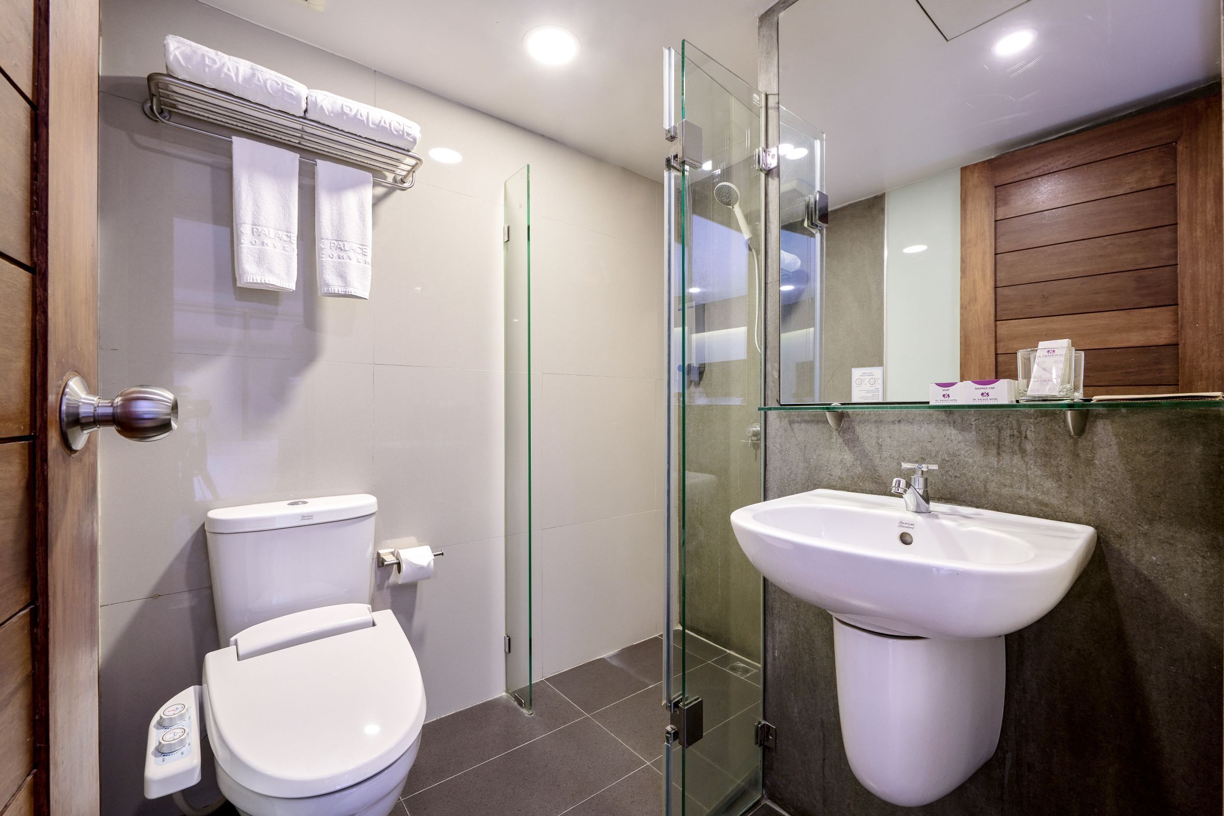 A modern bathroom with a glass-enclosed shower, a white sink, and a toilet.