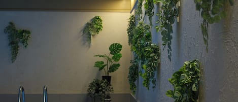 A pool area with a wooden lounge chair, a towel rack, and potted plants on the walls.