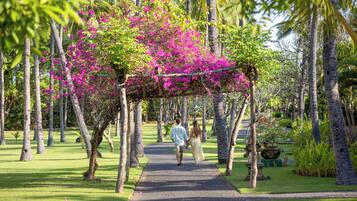 A pathway leading through a garden with a pergola covered in pink flowers.