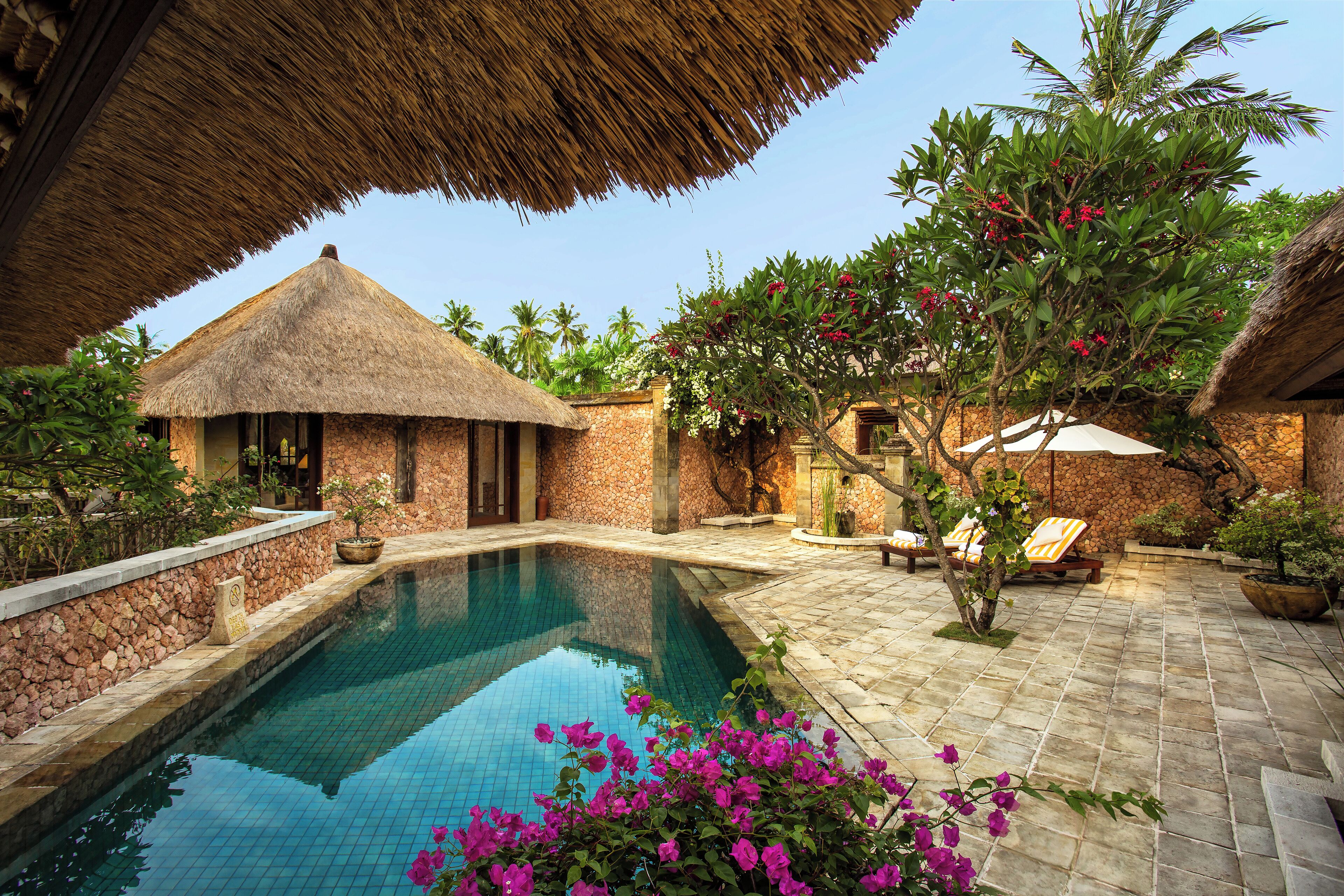 A pool area with a thatched-roof structure, a stone wall, and a potted plant.