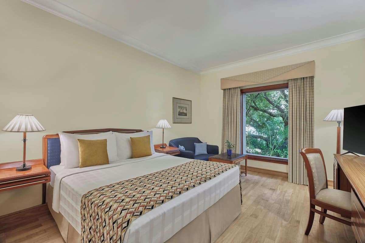 A hotel room with a bed, a desk, a chair, a TV, and a window with a view of trees.