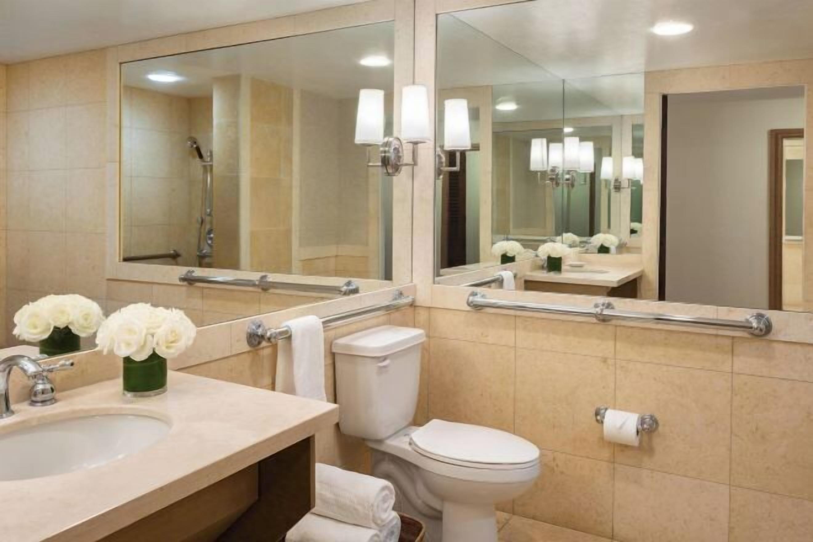 Separate tub and shower, designer toiletries, hair dryer, bathrobes