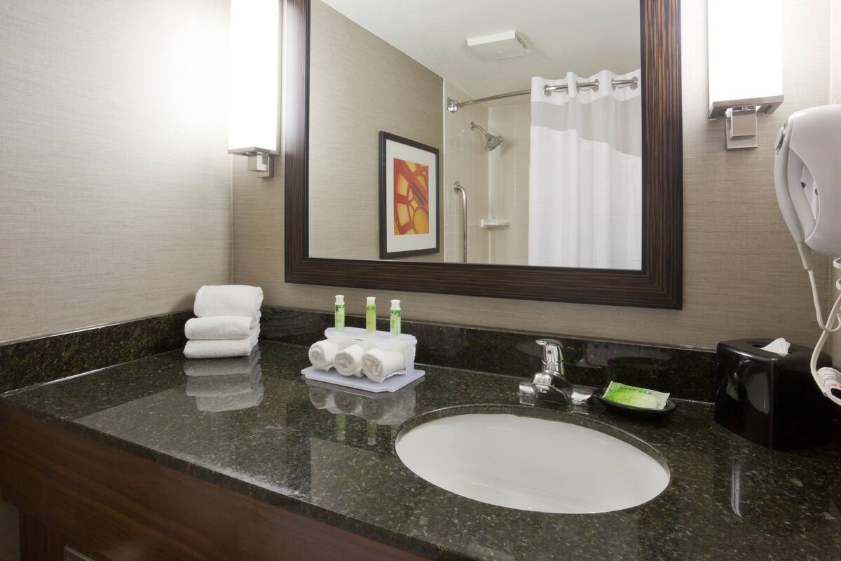 combined shower/bathtub, designer toiletries, hair dryer, towels