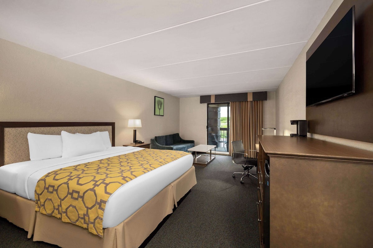 Habitación de hotel con una cama grande, un escritorio, una silla, un televisor y vistas al exterior.