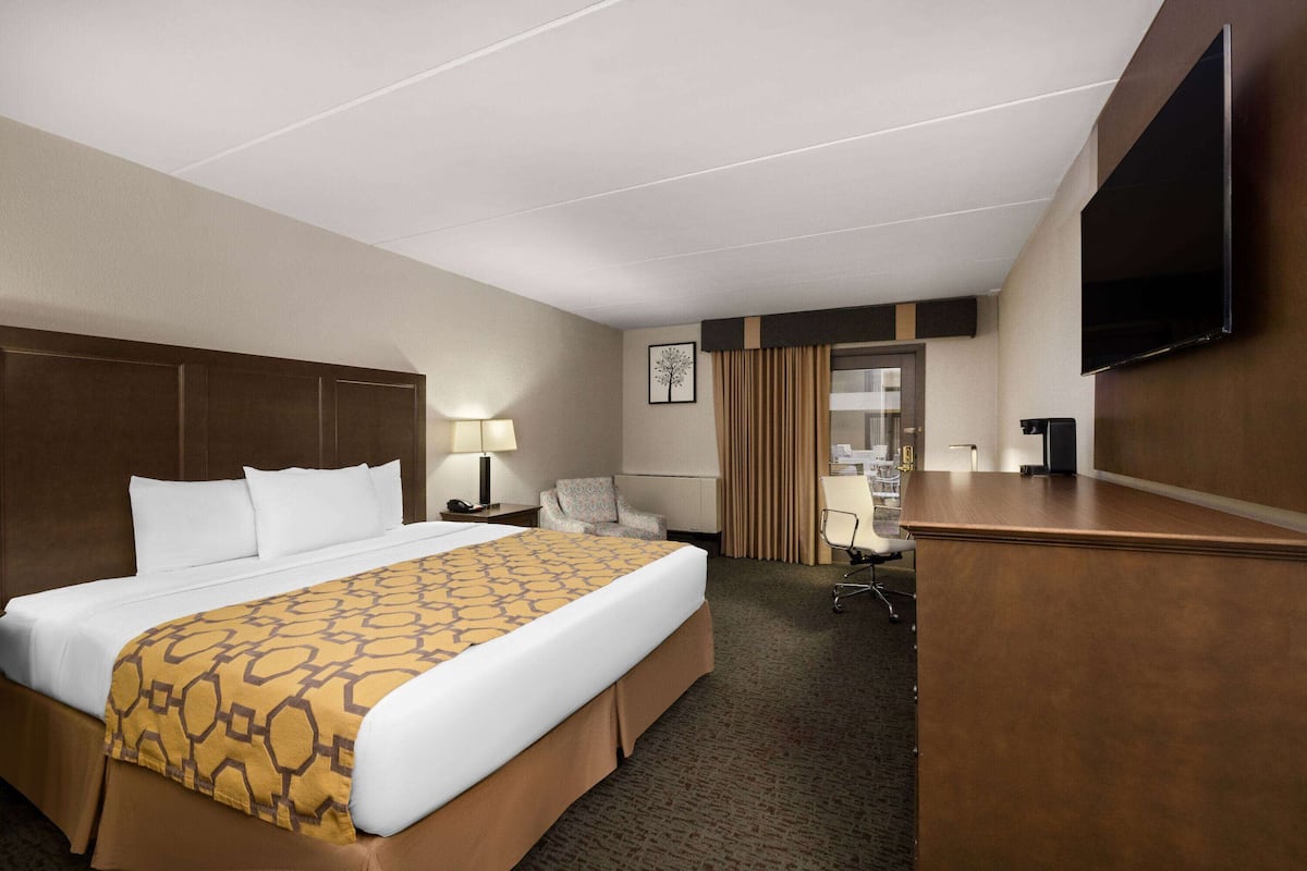 Habitación de hotel con una cama grande, un escritorio, una silla, un televisor y una ventana con cortinas.