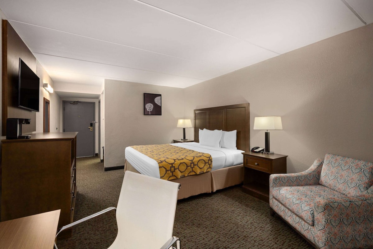 Habitación de hotel con una cama, dos mesitas de noche con lámparas, un televisor, un escritorio y una silla.
