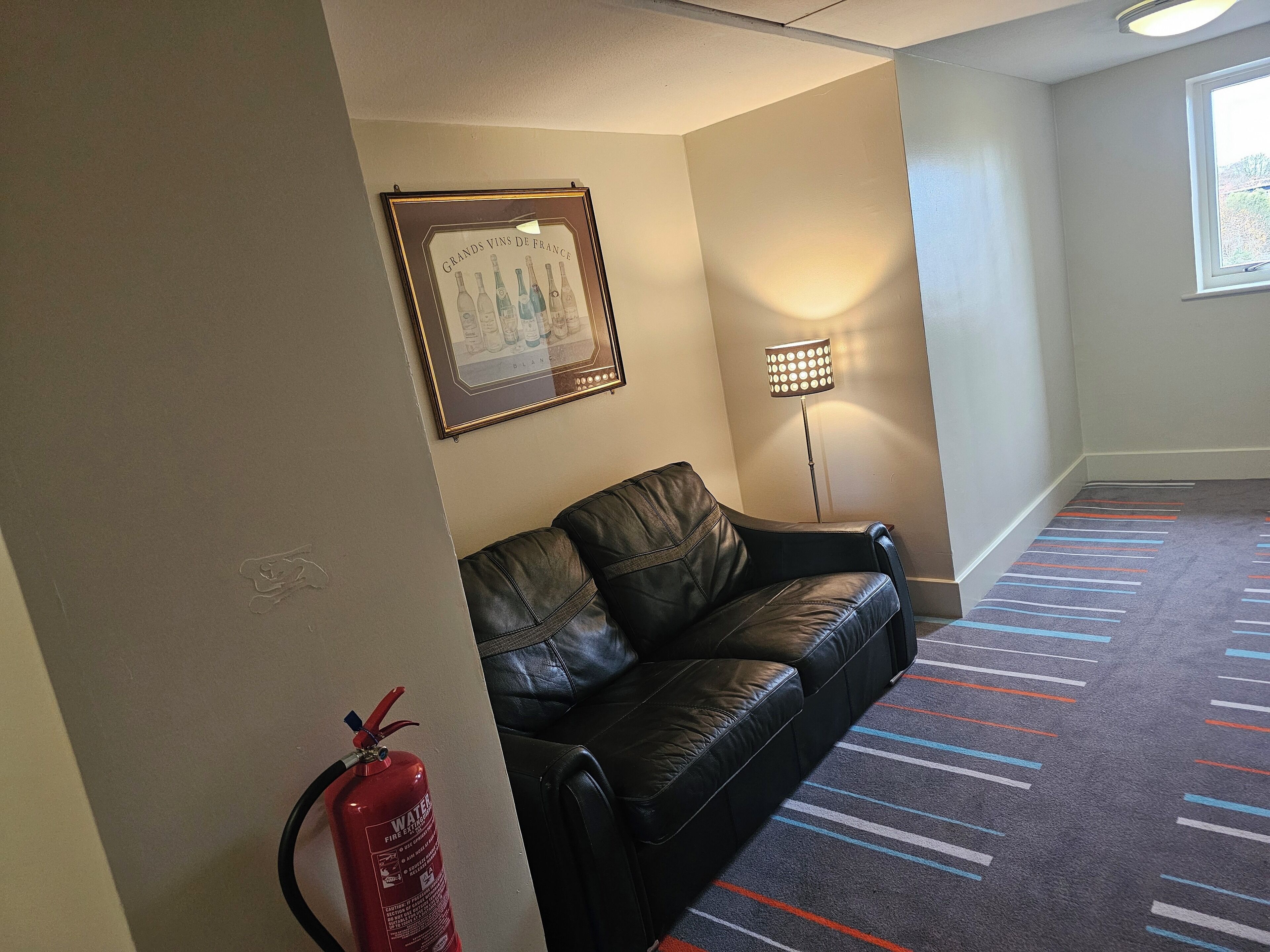 A room with a black leather sofa, a framed picture on the wall, a floor lamp, and a fire extinguisher.