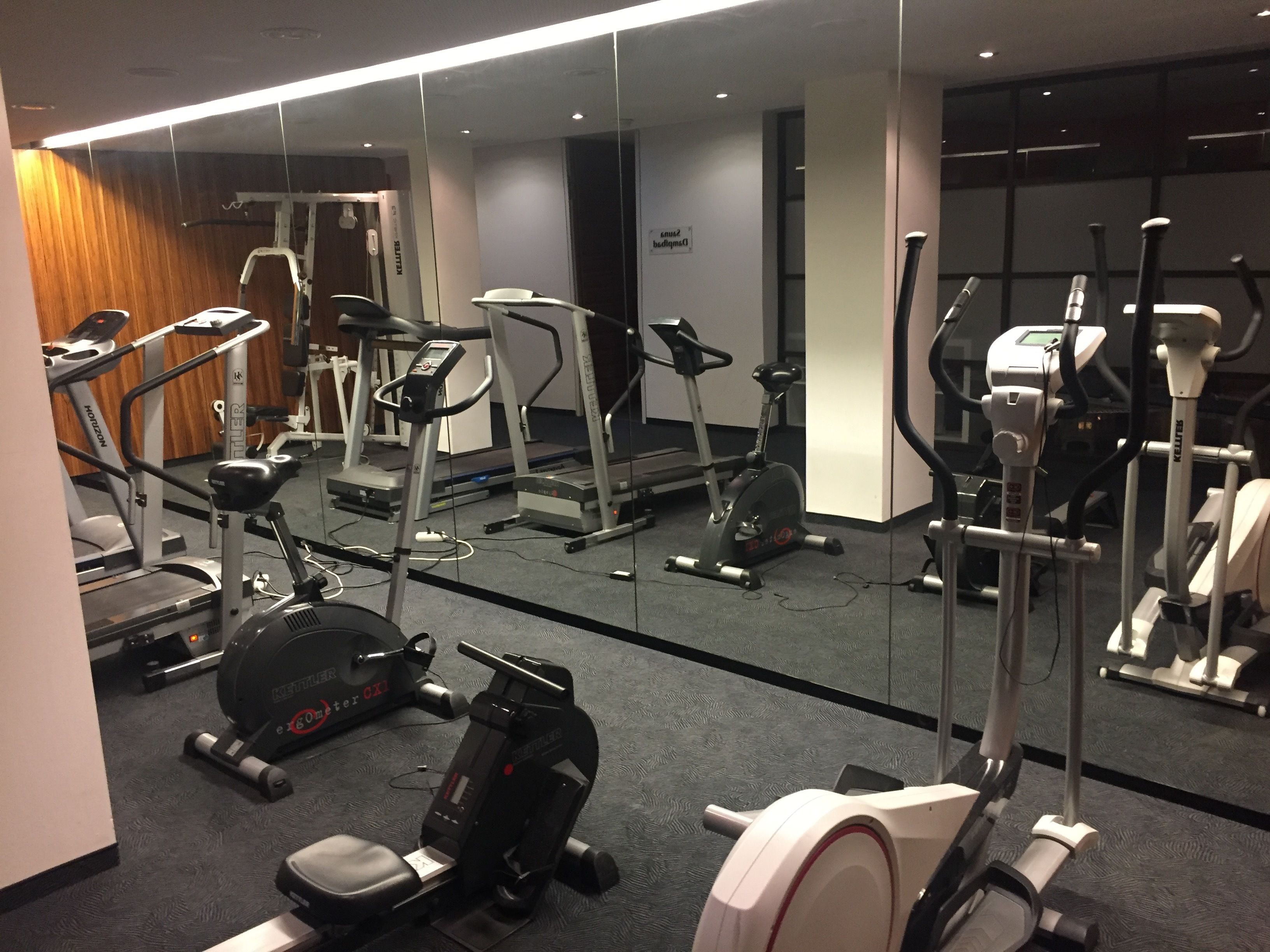 Un gimnasio con varios equipos de ejercicio, incluyendo cintas de correr, bicicletas estáticas y máquinas elípticas.