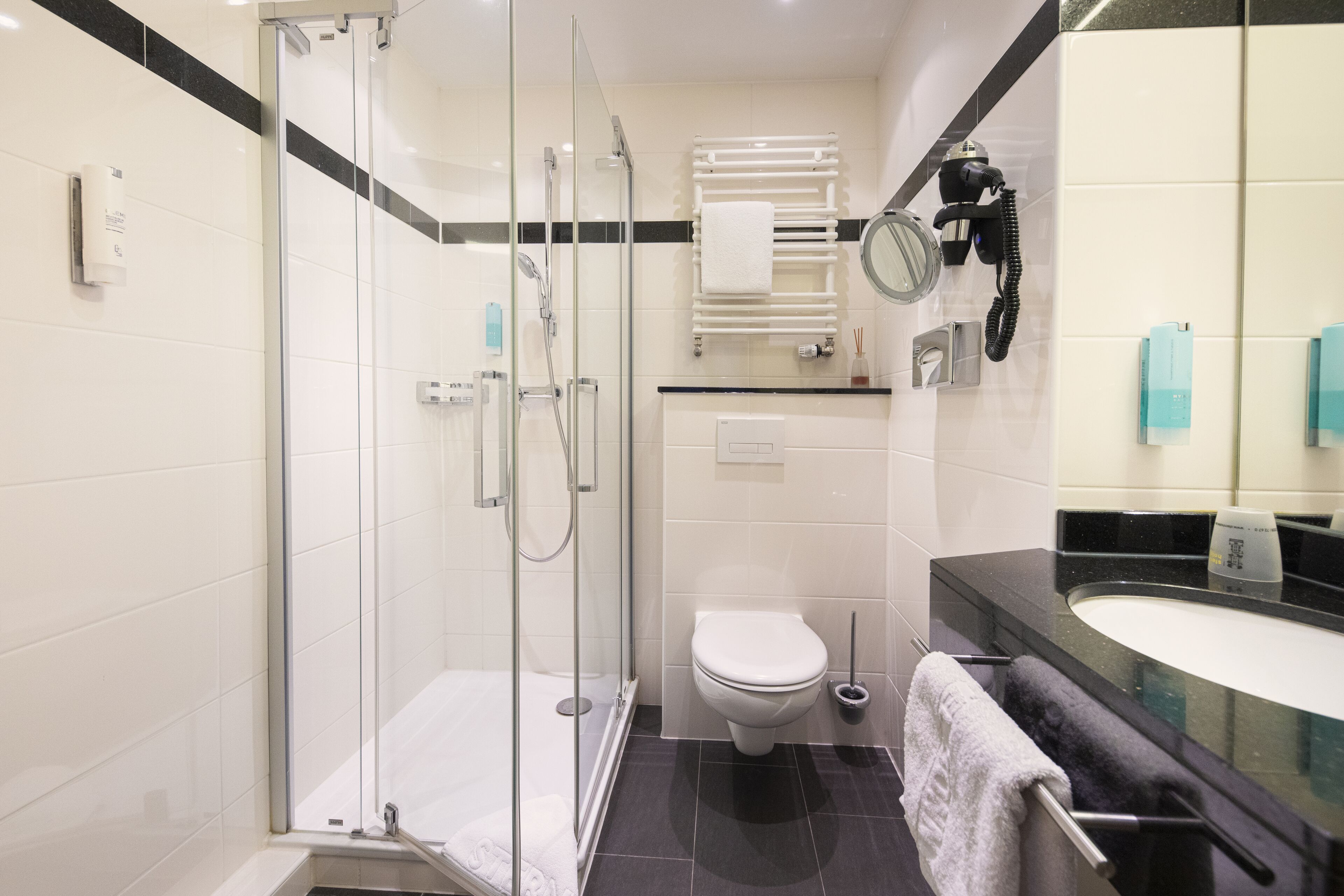 business single room | bathroom | eco-friendly toiletries, hair dryer, towels