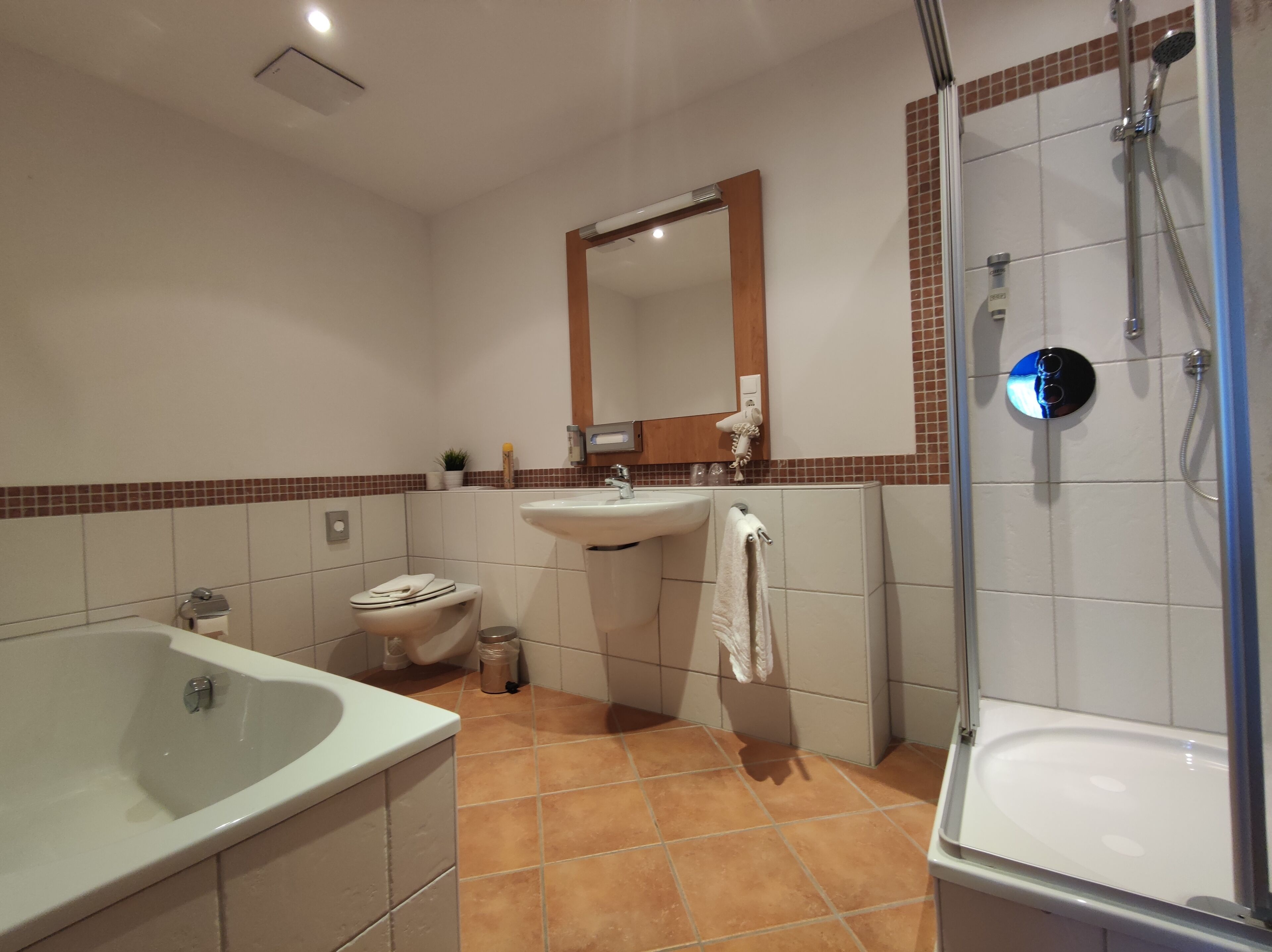 Ein Badezimmer mit Badewanne, Toilette, Waschbecken und Dusche.