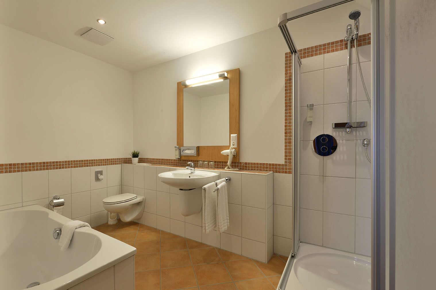 Een moderne badkamer met bad, toilet, wastafel en douche.