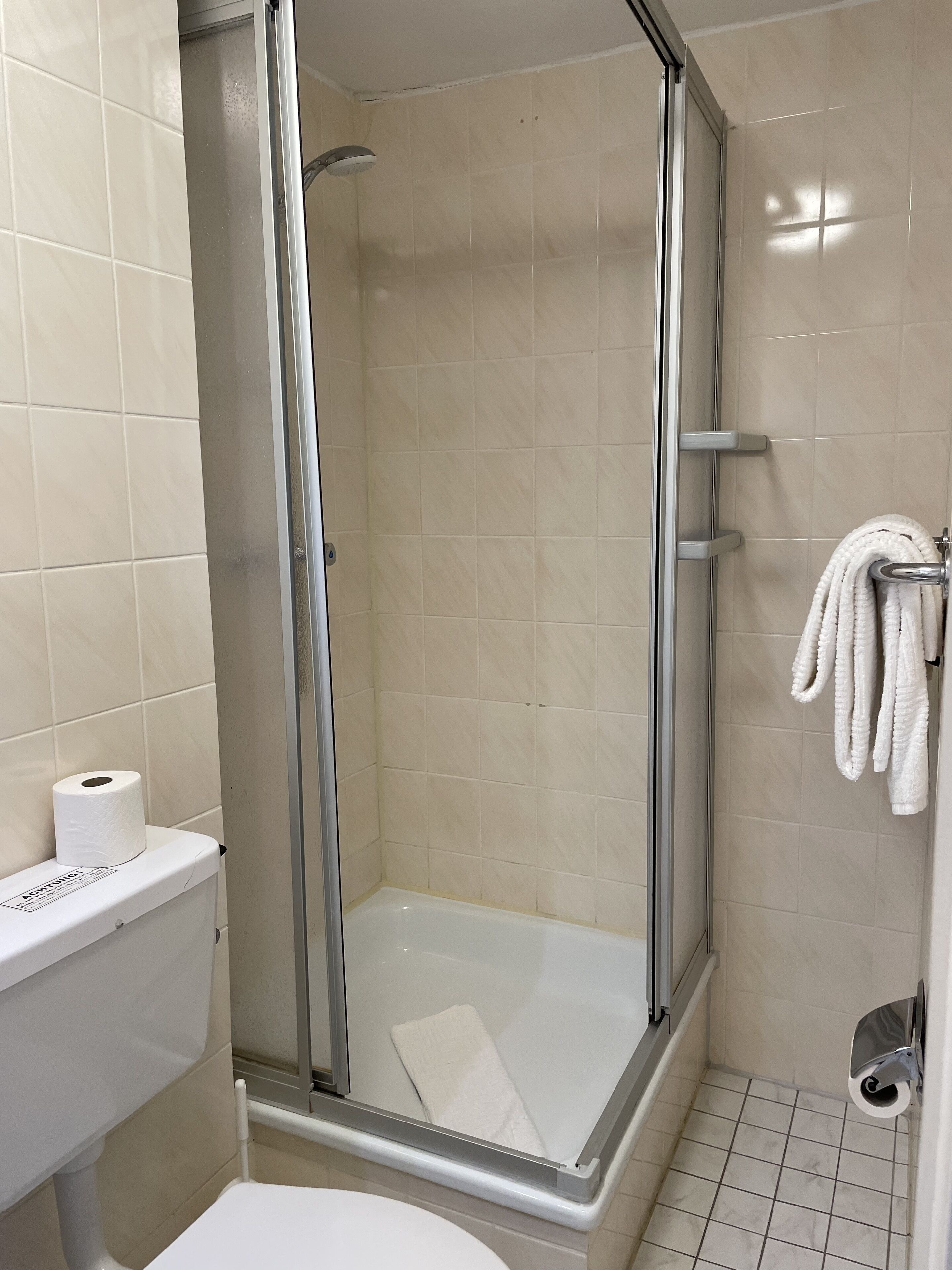 A shower with a glass door, a toilet, and a towel rack with towels.