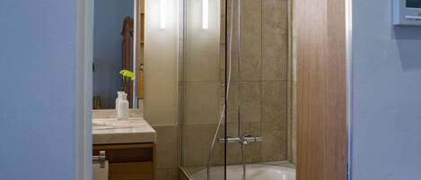 A modern bathroom with a glass-enclosed shower, a bathtub, and a vanity with a mirror.