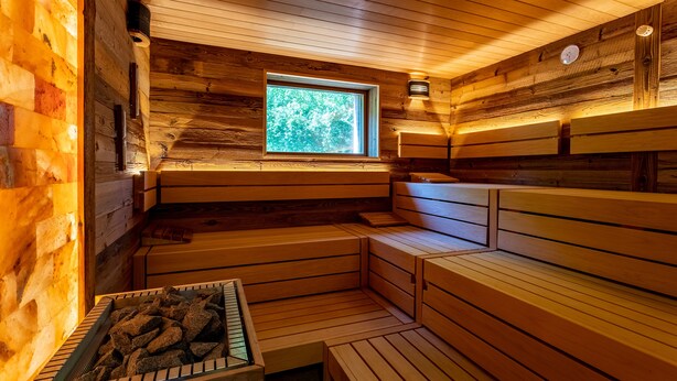 A sauna with wooden benches and a window. - Hotel Heide Kröpke (Essel)