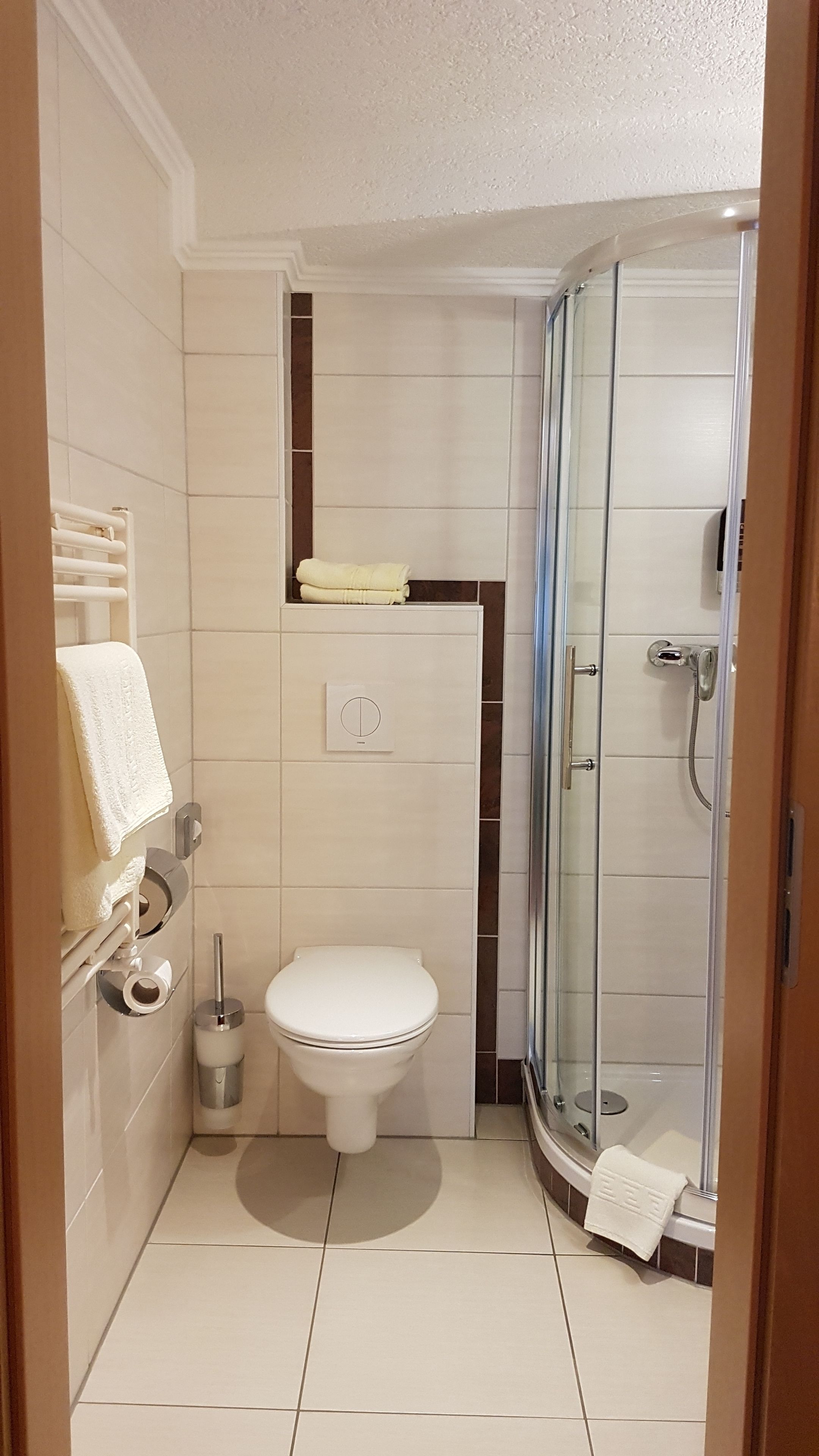 rainfall showerhead, hair dryer, towels