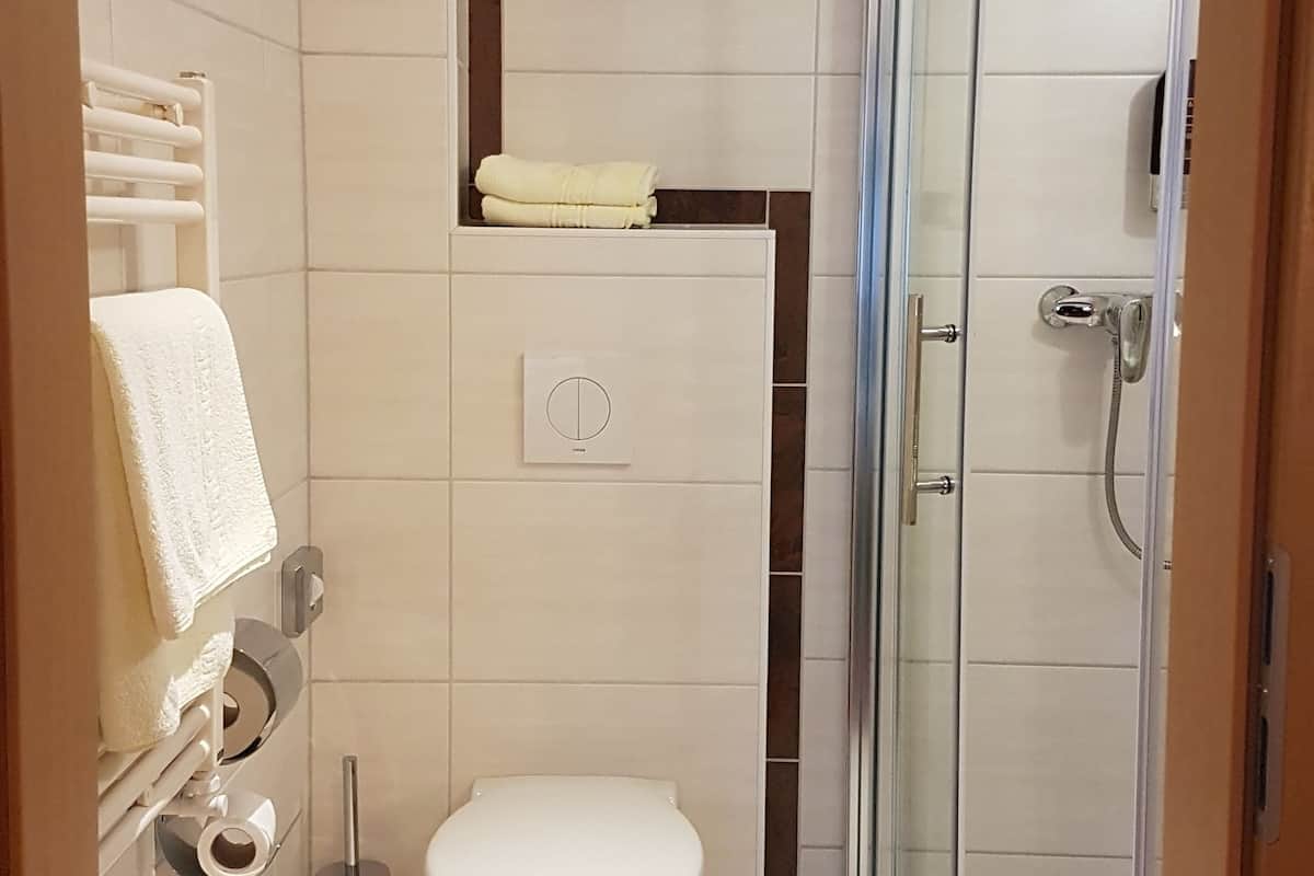 rainfall showerhead, hair dryer, towels