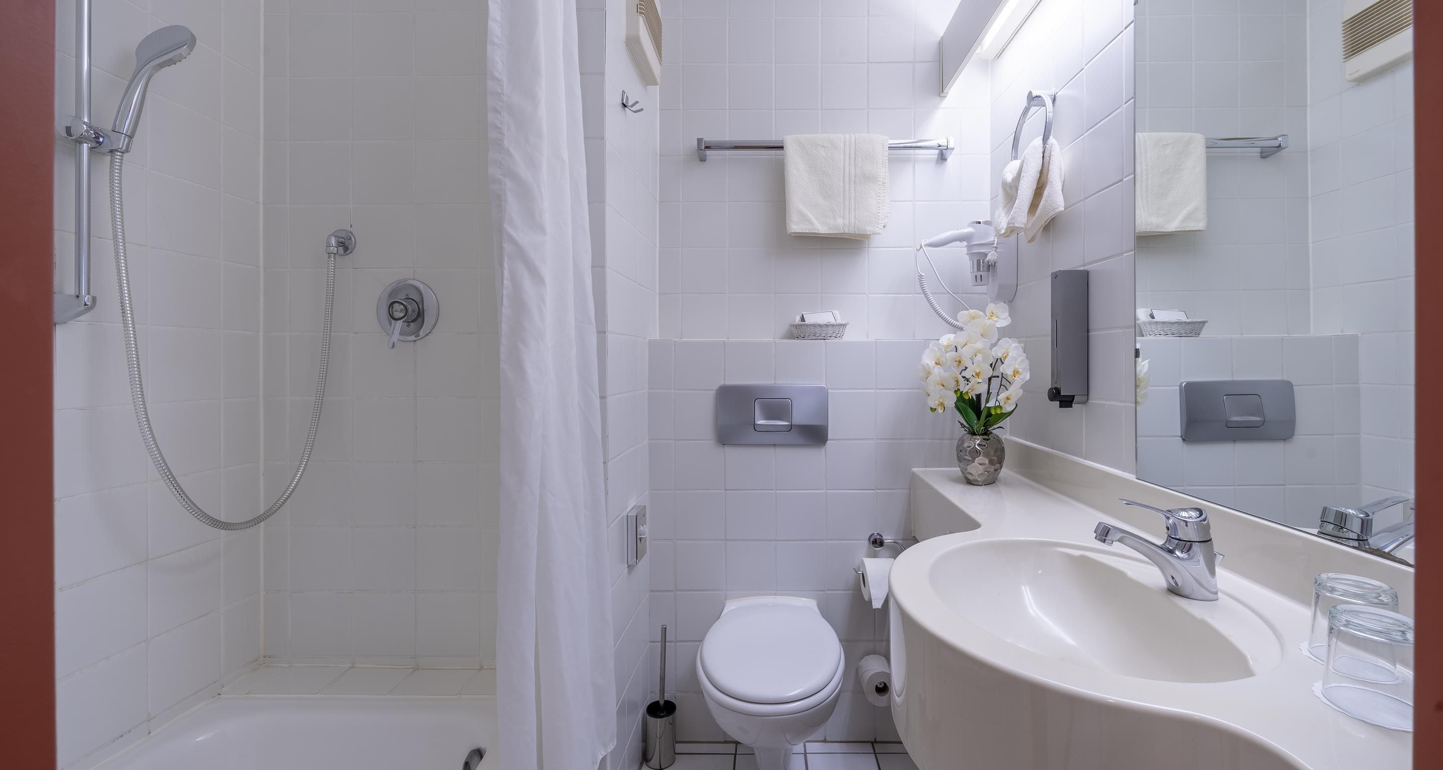 Un baño moderno con ducha, inodoro, lavabo y espejo.