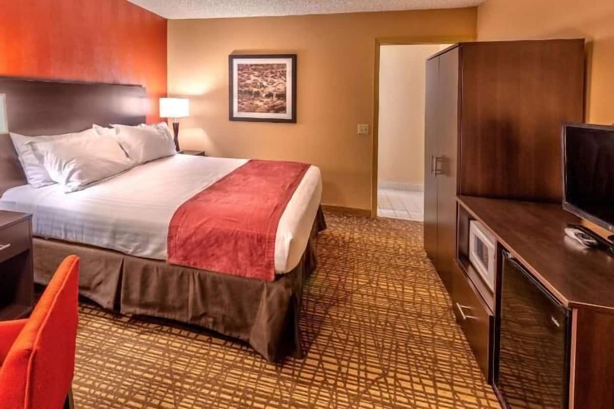 A hotel room with a bed, a desk, a chair, a TV, and a wardrobe.
