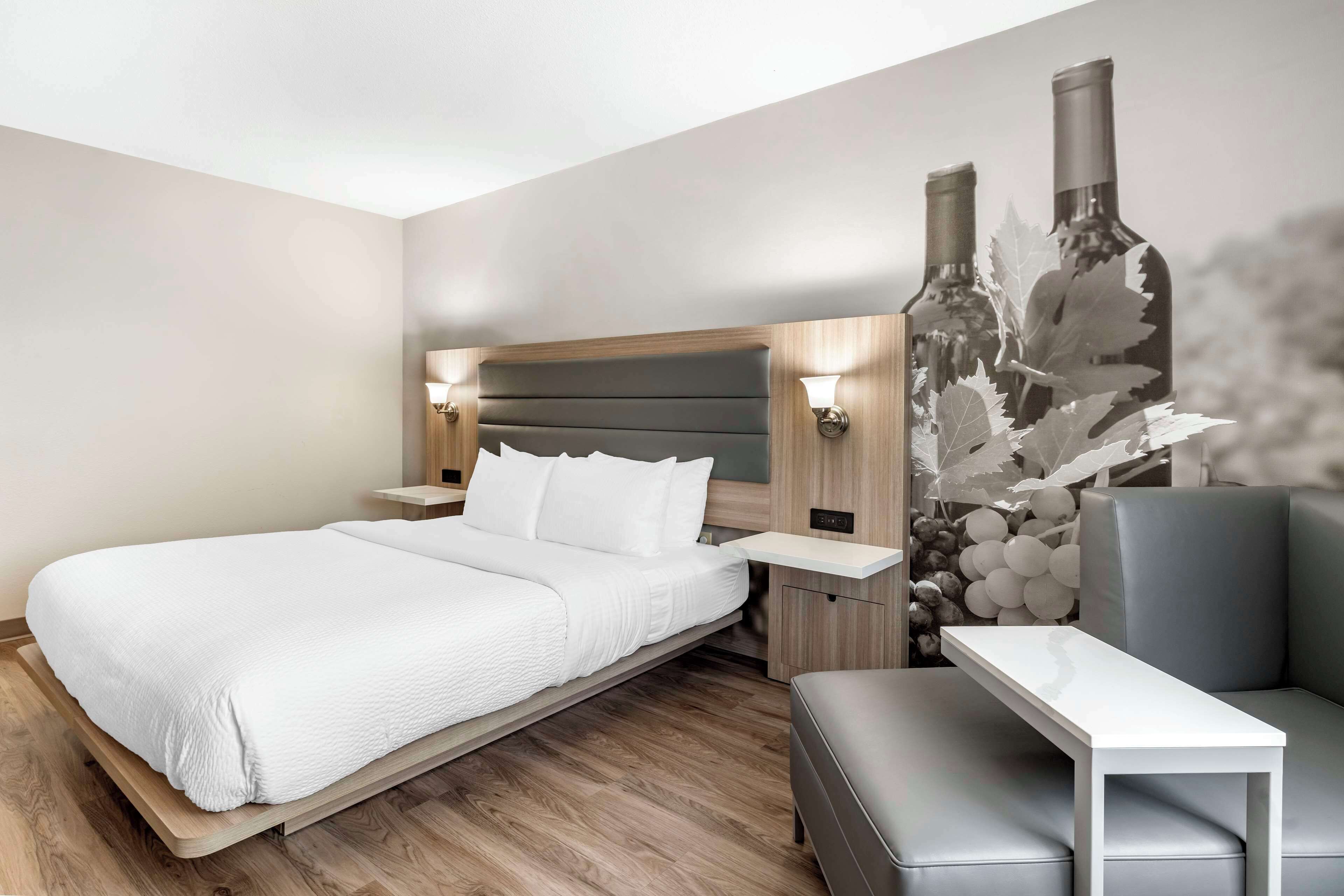 A modern hotel room with a bed, a sofa, a small table, and a wall-mounted wine bottle decoration.