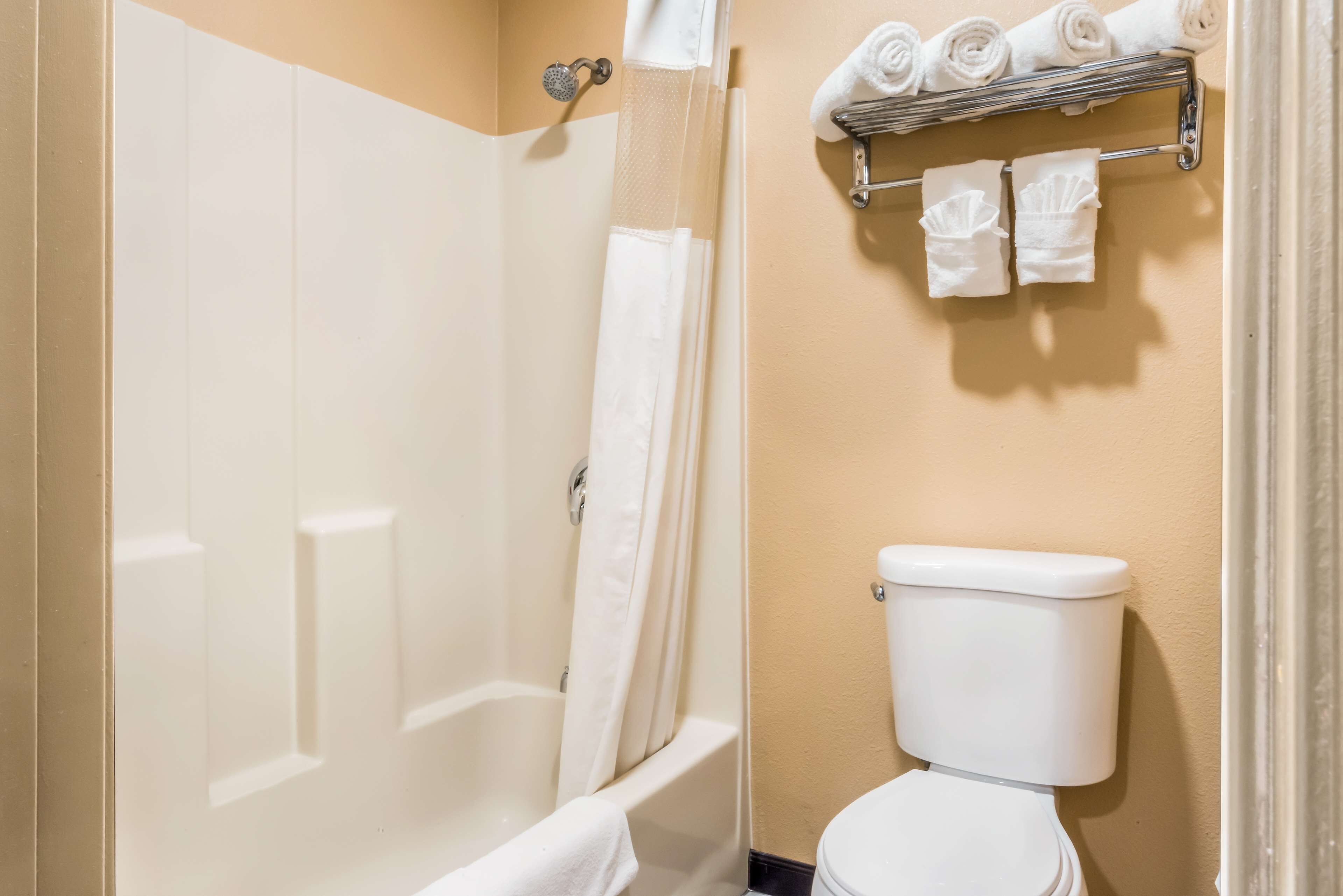 Un baño con bañera, inodoro y toallero con toallas.