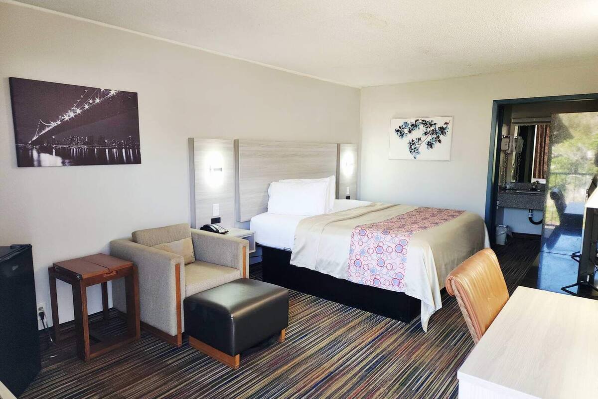 A hotel room with a bed, a sofa, a small table, a bench, a desk, and a mirror.